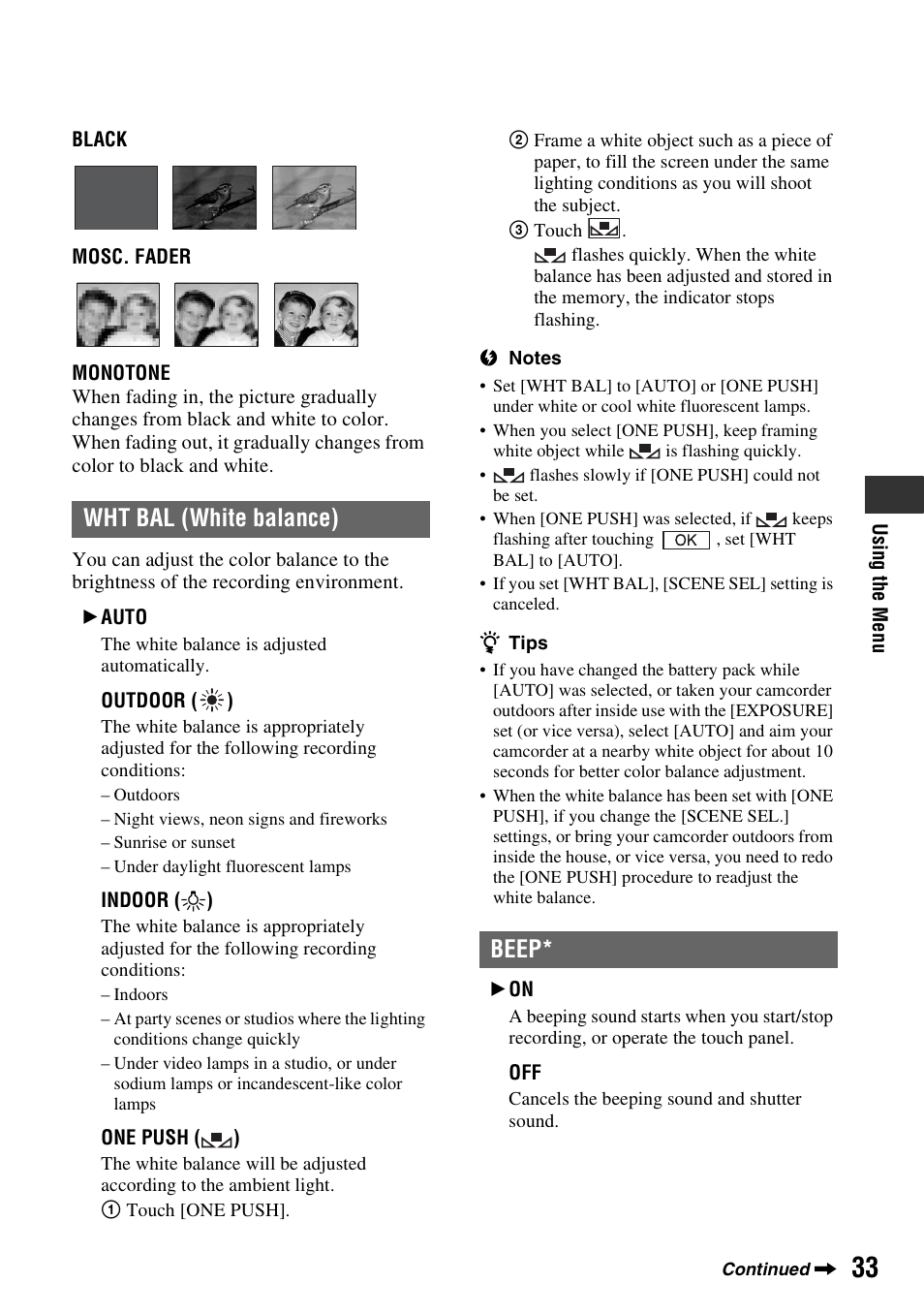 Wht bal (white balance) beep | Sony DCR-HC52 User Manual | Page 33 / 88