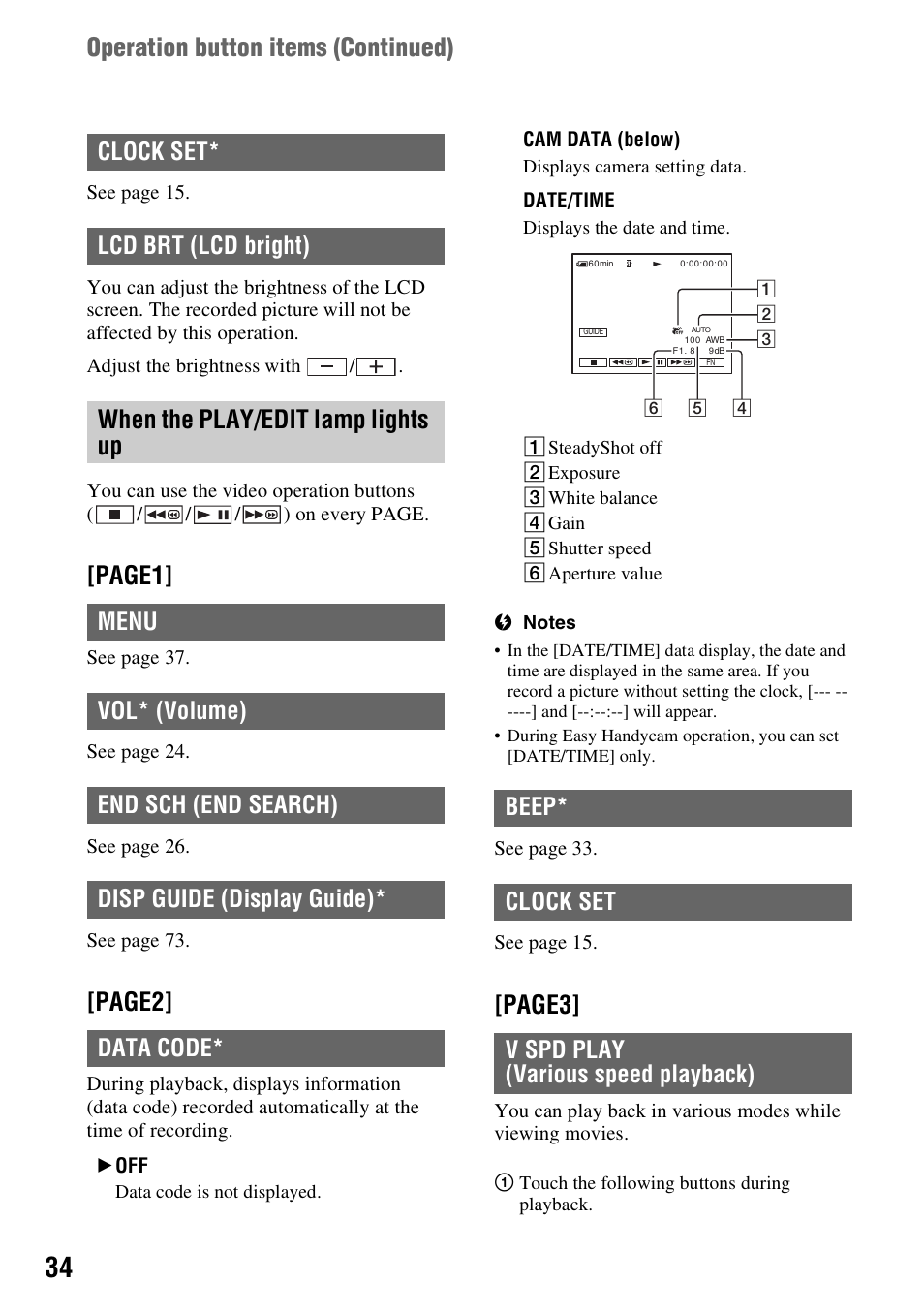 Page1, Page2, Page3 | When the play/edit lamp lights up, Operation button items (continued), Clock set* lcd brt (lcd bright) | Sony DCR-HC52 User Manual | Page 34 / 88