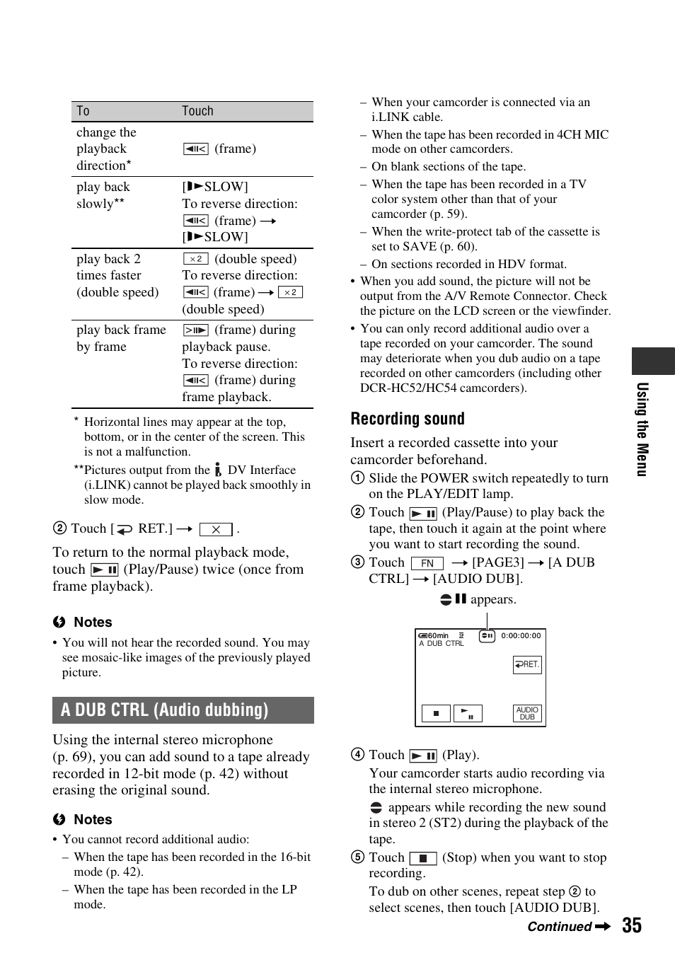 A dub ctrl (audio dubbing), Recording sound | Sony DCR-HC52 User Manual | Page 35 / 88