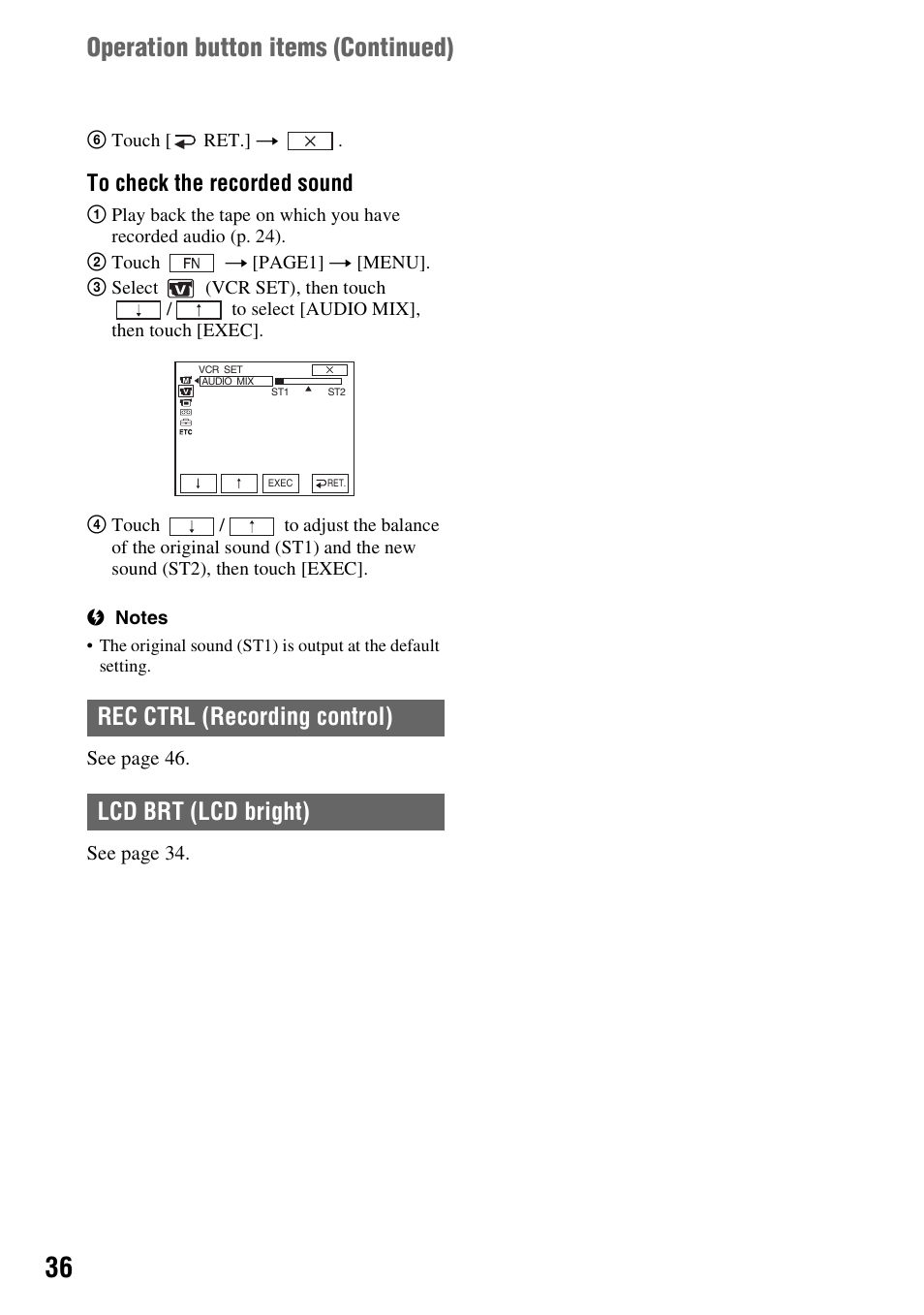 Operation button items (continued), Rec ctrl (recording control) lcd brt (lcd bright) | Sony DCR-HC52 User Manual | Page 36 / 88