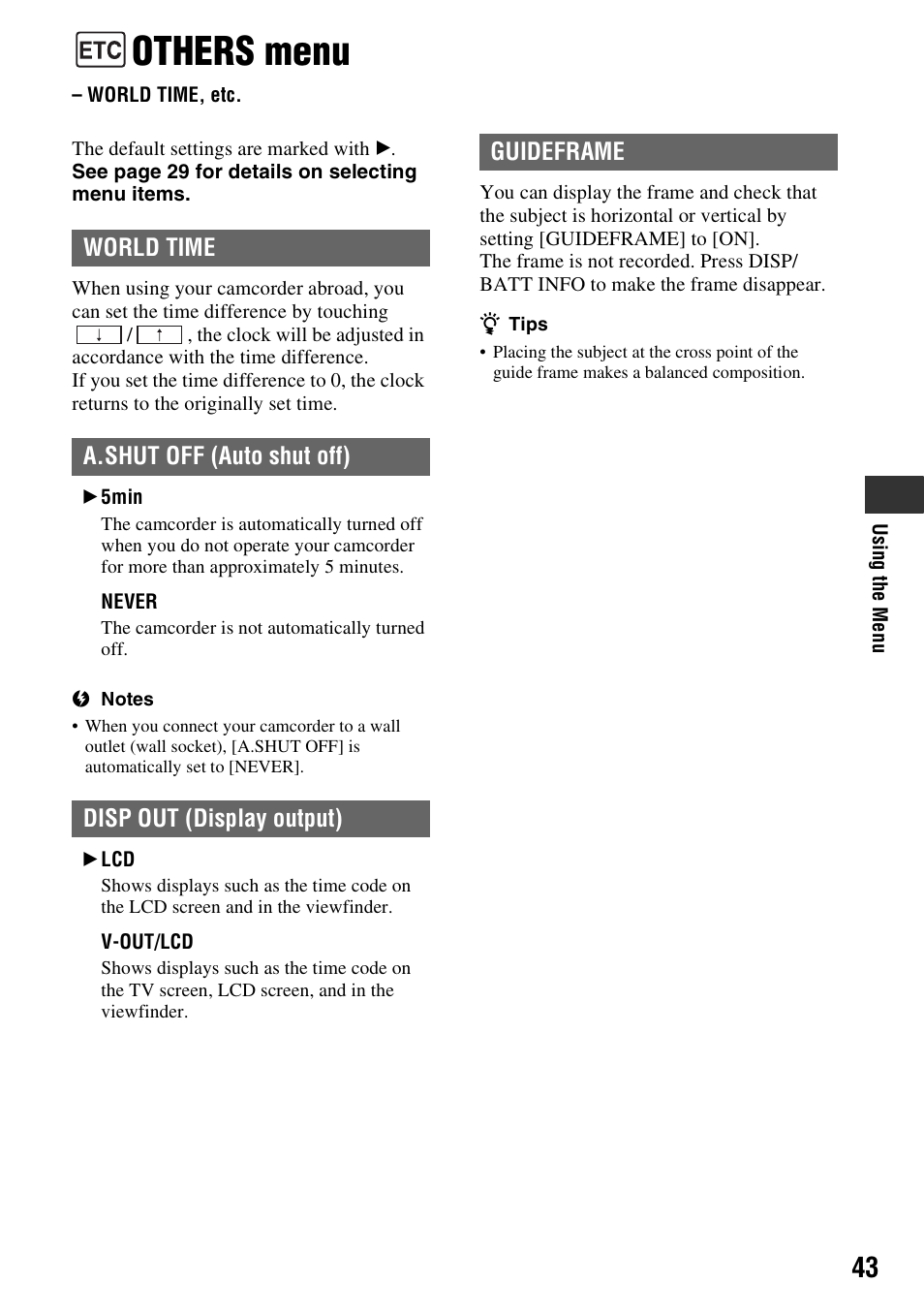 Others menu, World time, etc, P. 43) | Sony DCR-HC52 User Manual | Page 43 / 88