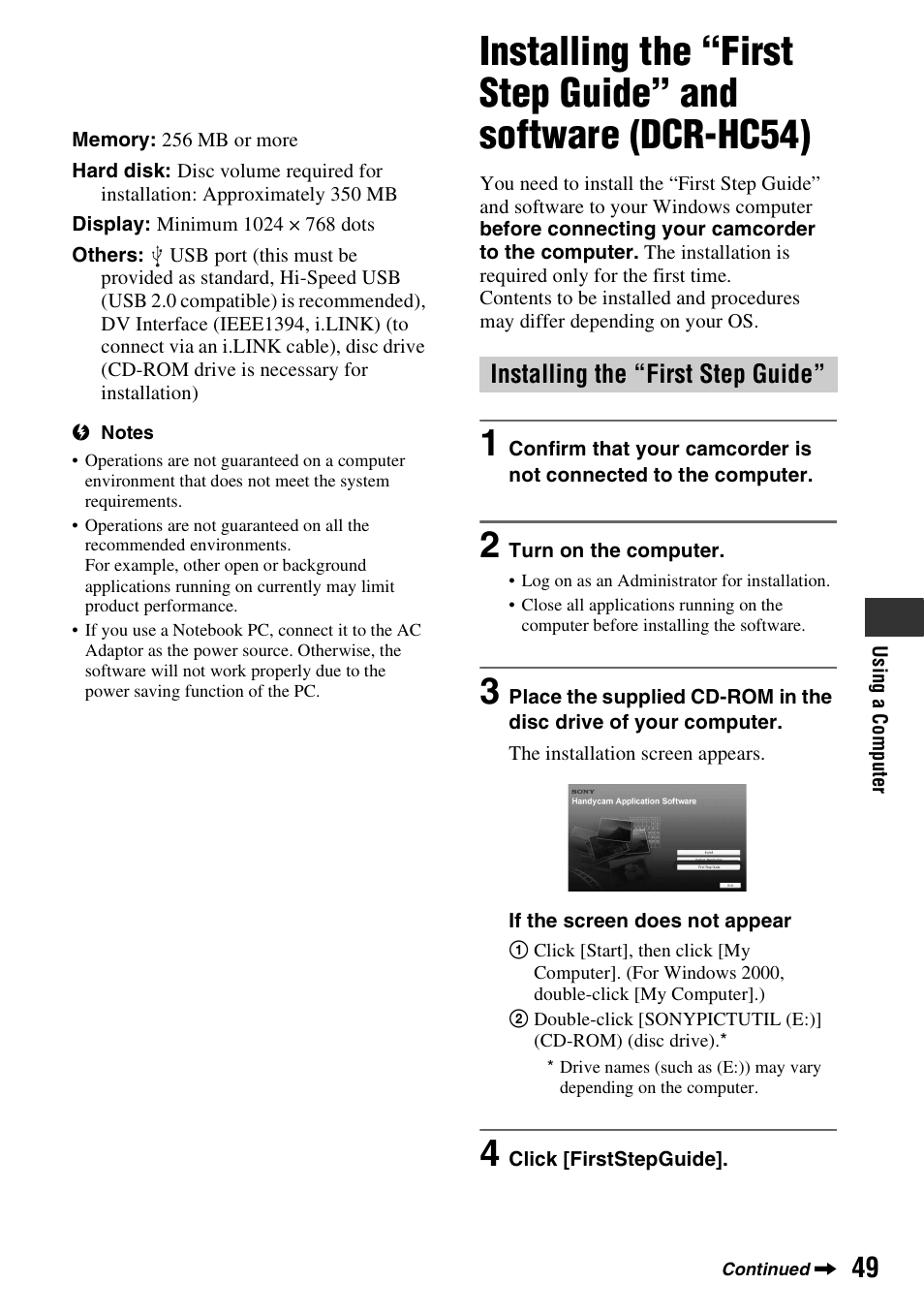 Installing the “first step guide” and, Software (dcr-hc54), Installing the “first step guide | Sony DCR-HC52 User Manual | Page 49 / 88