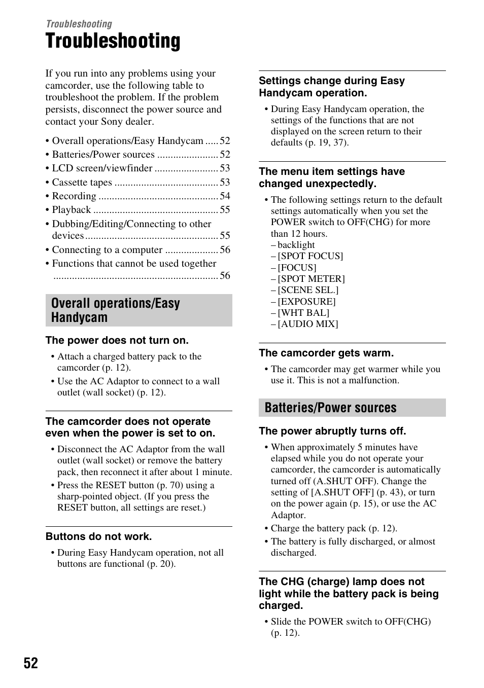 Troubleshooting | Sony DCR-HC52 User Manual | Page 52 / 88