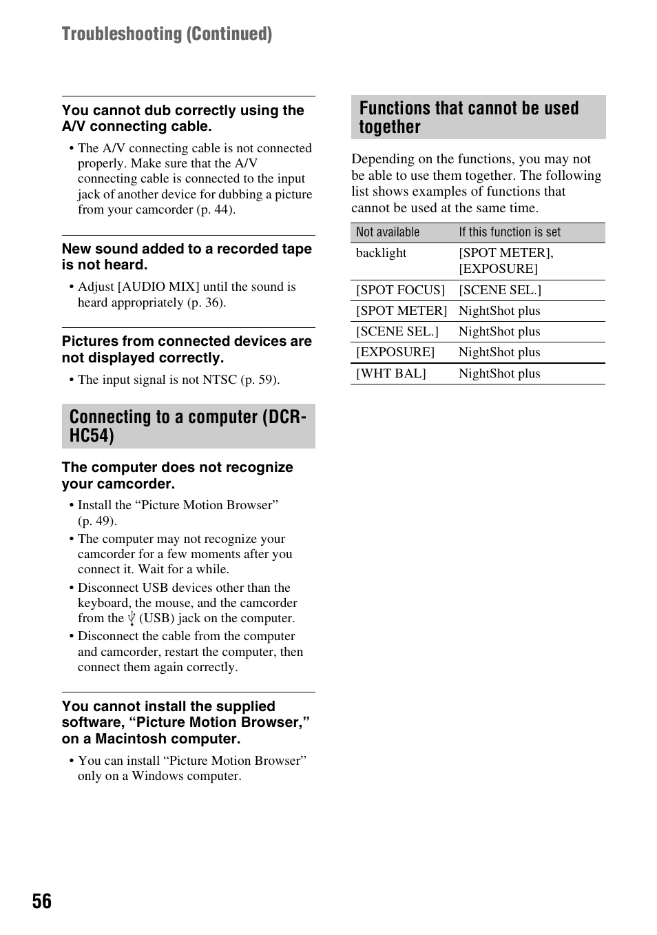 Troubleshooting (continued) | Sony DCR-HC52 User Manual | Page 56 / 88