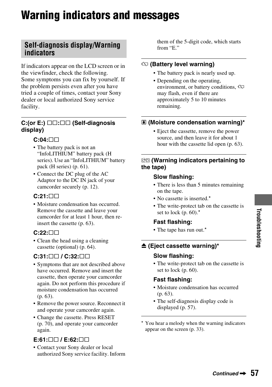 Warning indicators and messages, Self-diagnosis display/warning indicators | Sony DCR-HC52 User Manual | Page 57 / 88