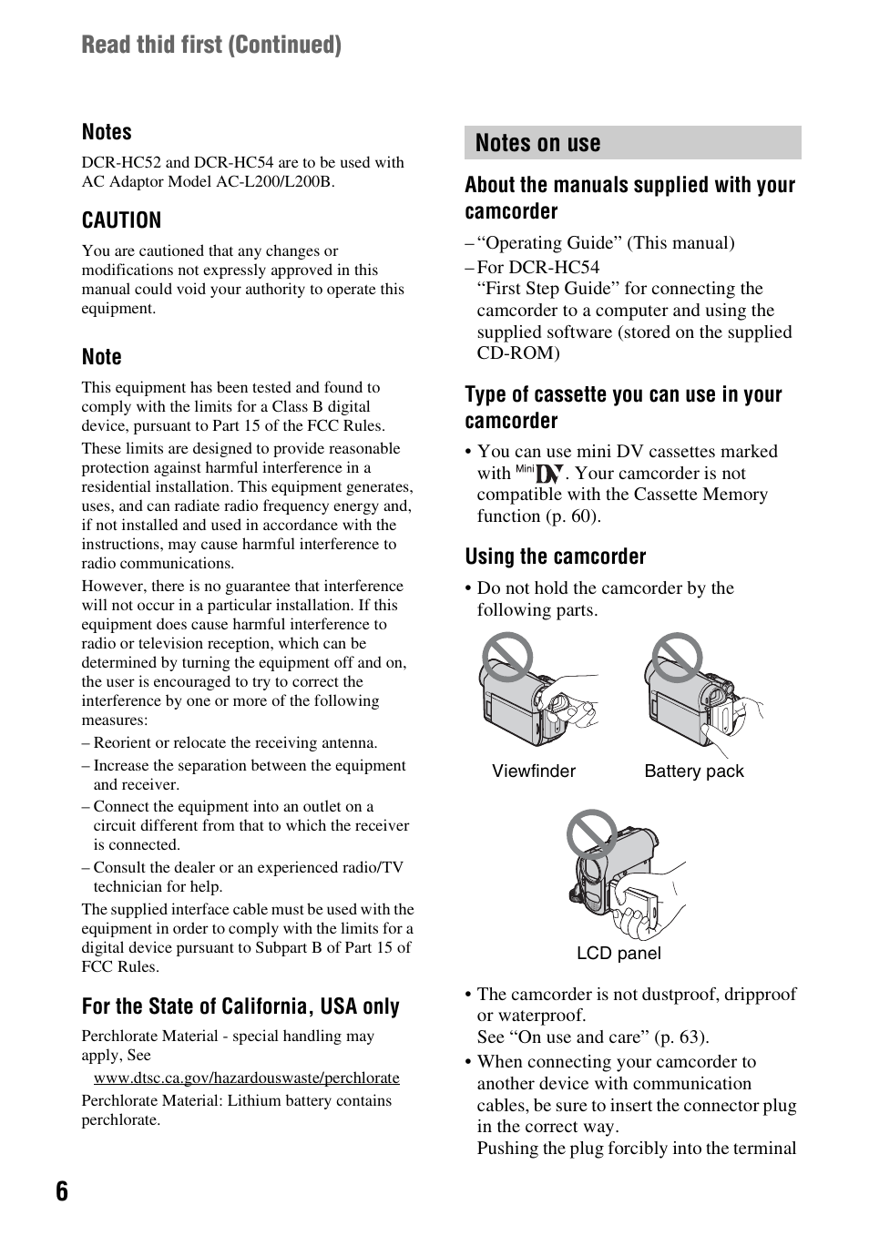 Notes on use, Read thid first (continued) | Sony DCR-HC52 User Manual | Page 6 / 88