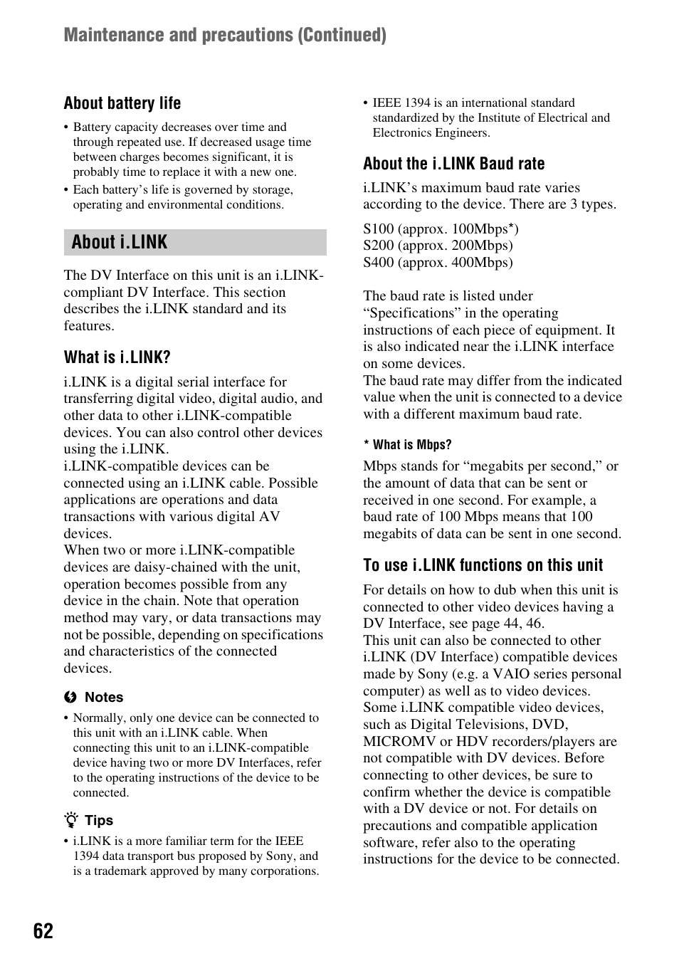 About i.link, Maintenance and precautions (continued) | Sony DCR-HC52 User Manual | Page 62 / 88