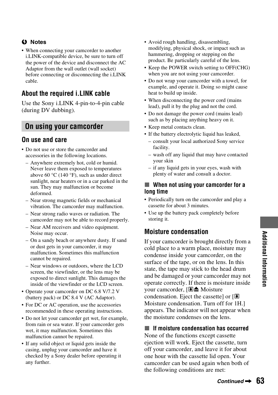 On using your camcorder, Er (p. 63, P. 63) | E (p. 63, P. 63, About the required i.link cable, On use and care, Moisture condensation | Sony DCR-HC52 User Manual | Page 63 / 88