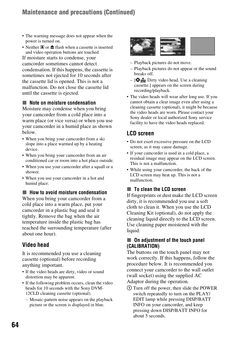 P. 64), Maintenance and precautions (continued), Video head | Lcd screen | Sony DCR-HC52 User Manual | Page 64 / 88