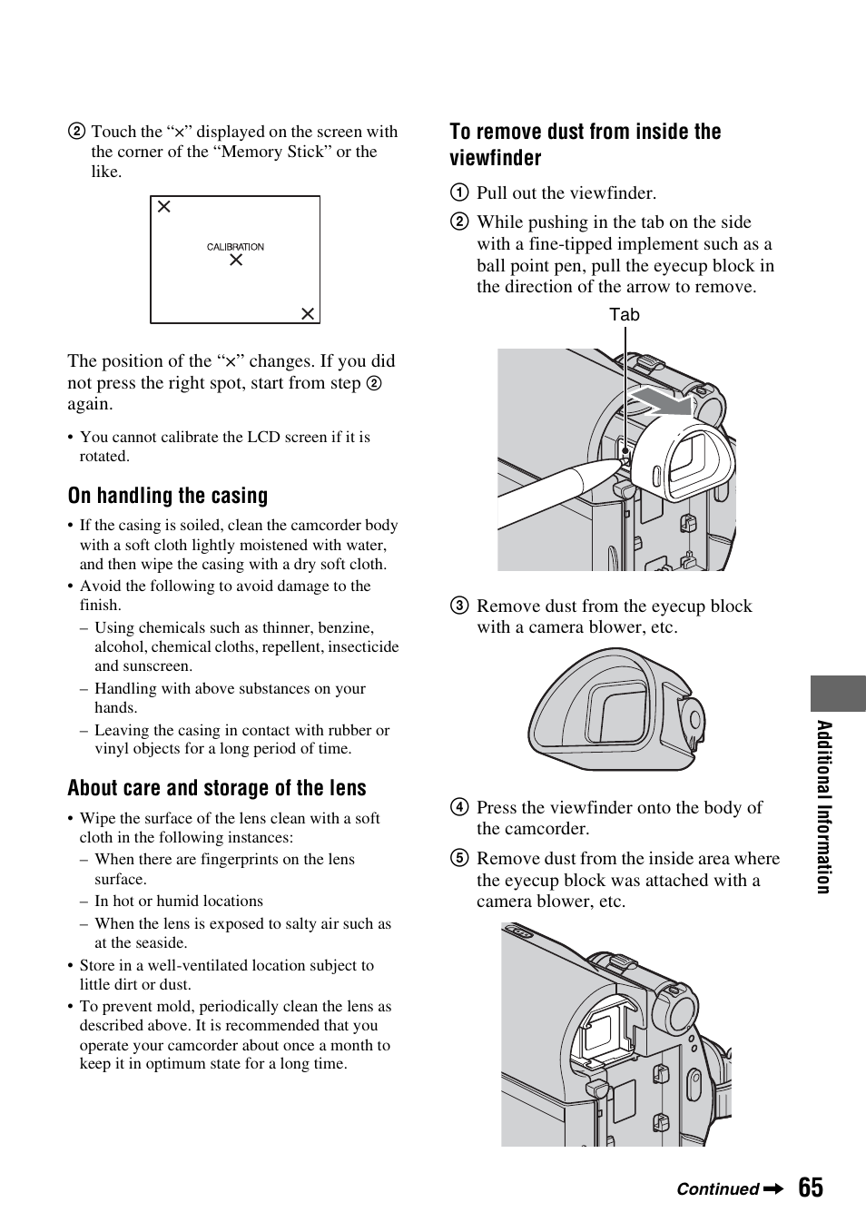 On handling the casing, About care and storage of the lens | Sony DCR-HC52 User Manual | Page 65 / 88
