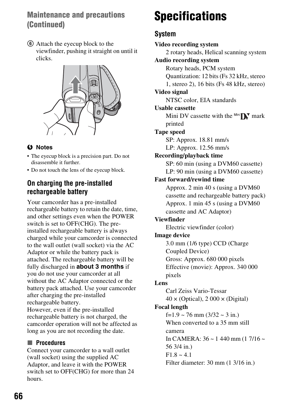 Specifications, P. 66), Maintenance and precautions (continued) | Sony DCR-HC52 User Manual | Page 66 / 88