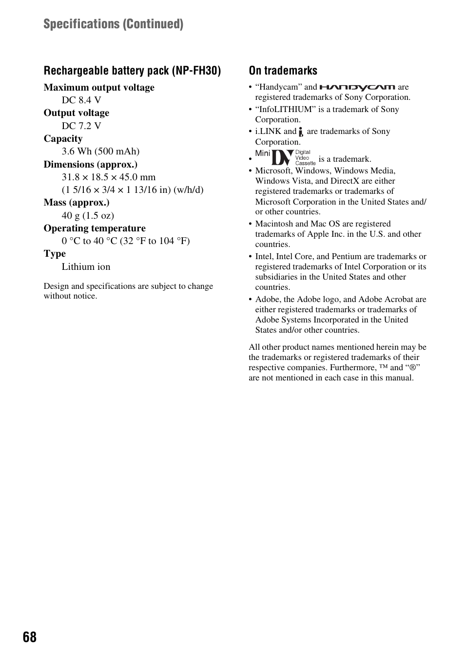 Specifications (continued), Rechargeable battery pack (np-fh30), On trademarks | Sony DCR-HC52 User Manual | Page 68 / 88