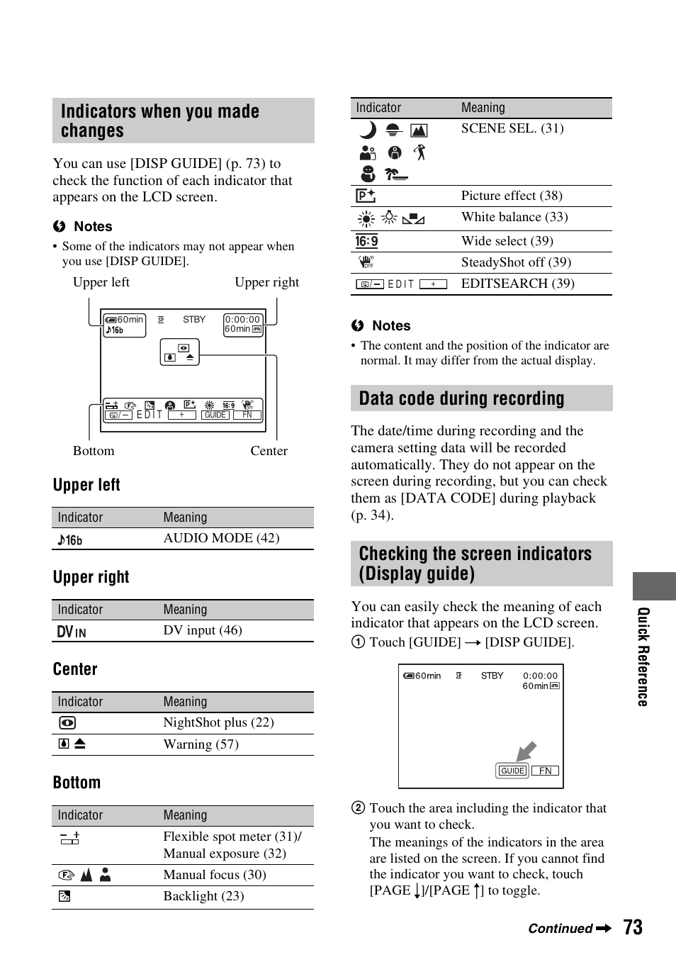 Indicators when you made changes, Upper left upper right center bottom | Sony DCR-HC52 User Manual | Page 73 / 88