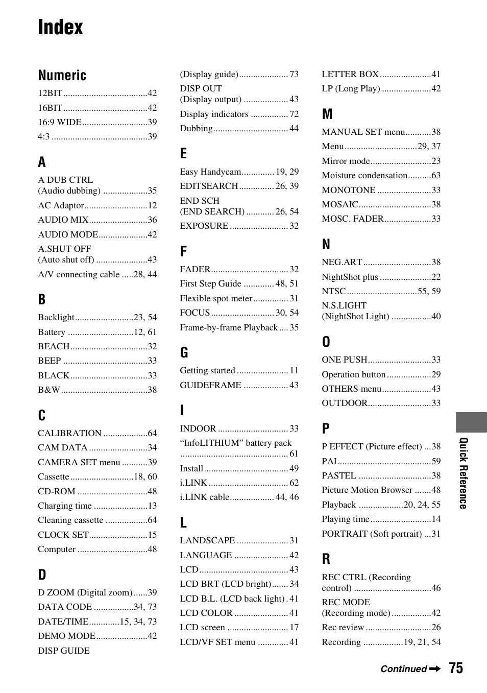 Index, Numeric | Sony DCR-HC52 User Manual | Page 75 / 88