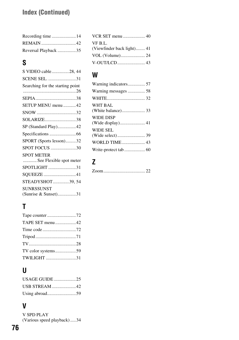 Index (continued) | Sony DCR-HC52 User Manual | Page 76 / 88