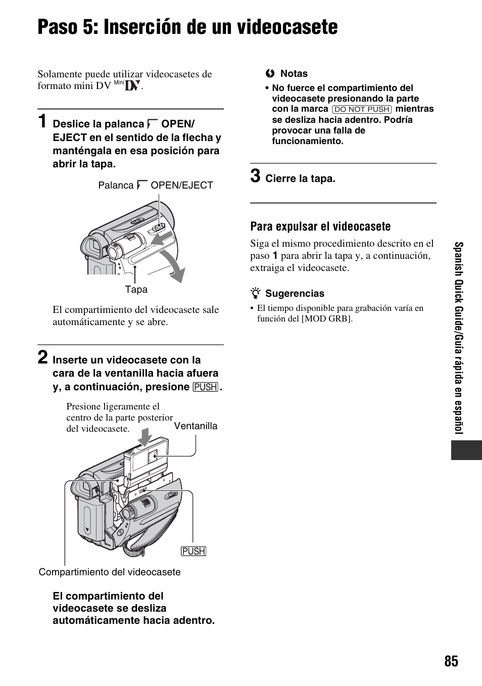 Paso 5: inserción de un videocasete | Sony DCR-HC52 User Manual | Page 85 / 88