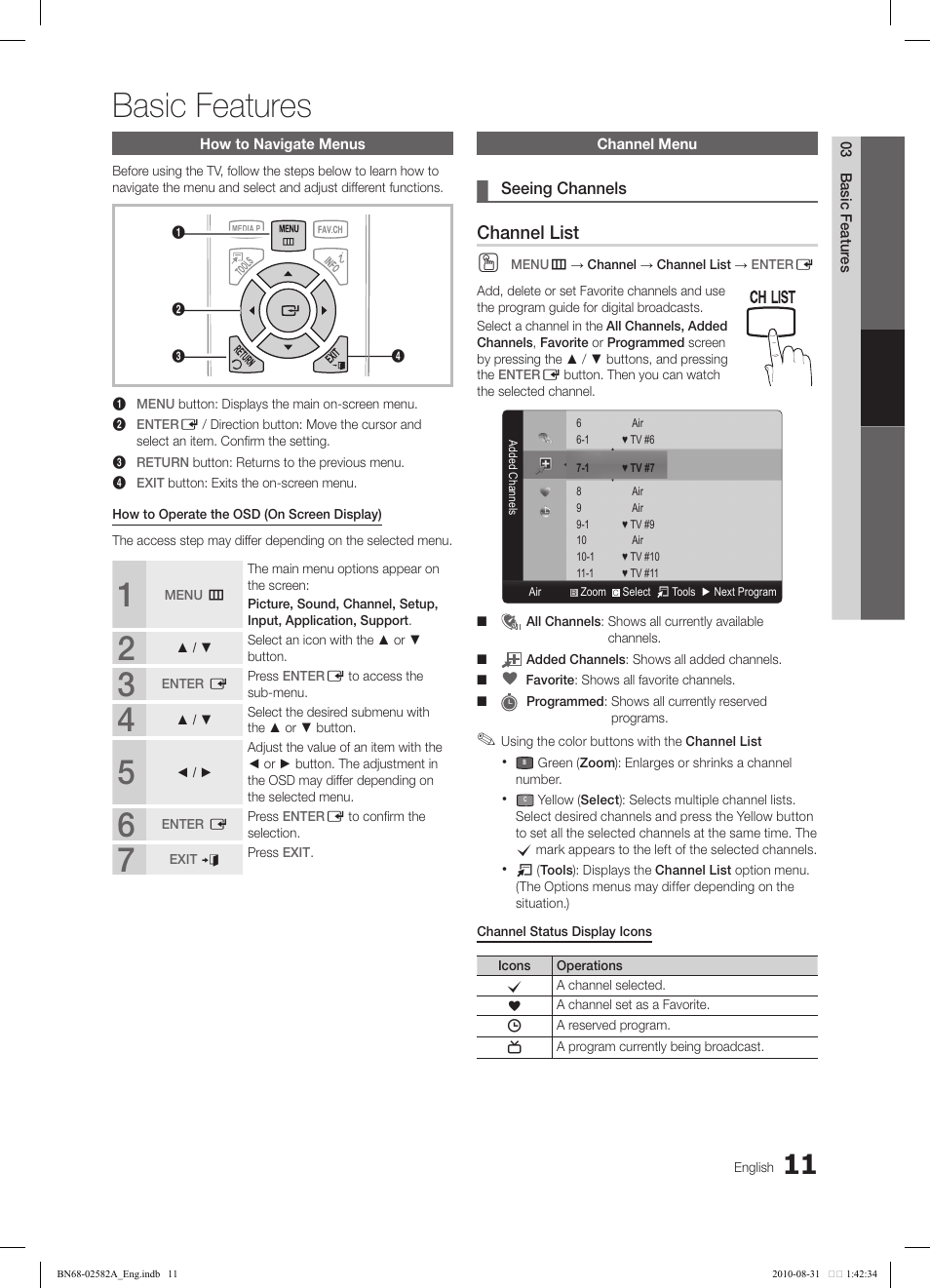 Basic features, Channel list | Samsung 350 User Manual | Page 11 / 33