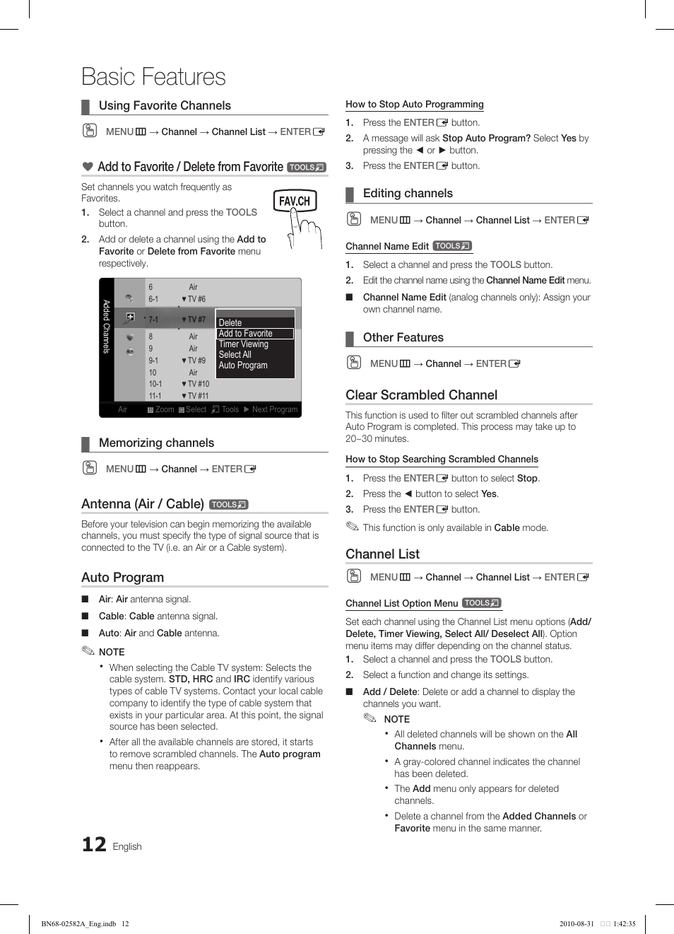Basic features, Add to favorite / delete from favorite, Antenna (air / cable) | Auto program, Clear scrambled channel, Channel list | Samsung 350 User Manual | Page 12 / 33