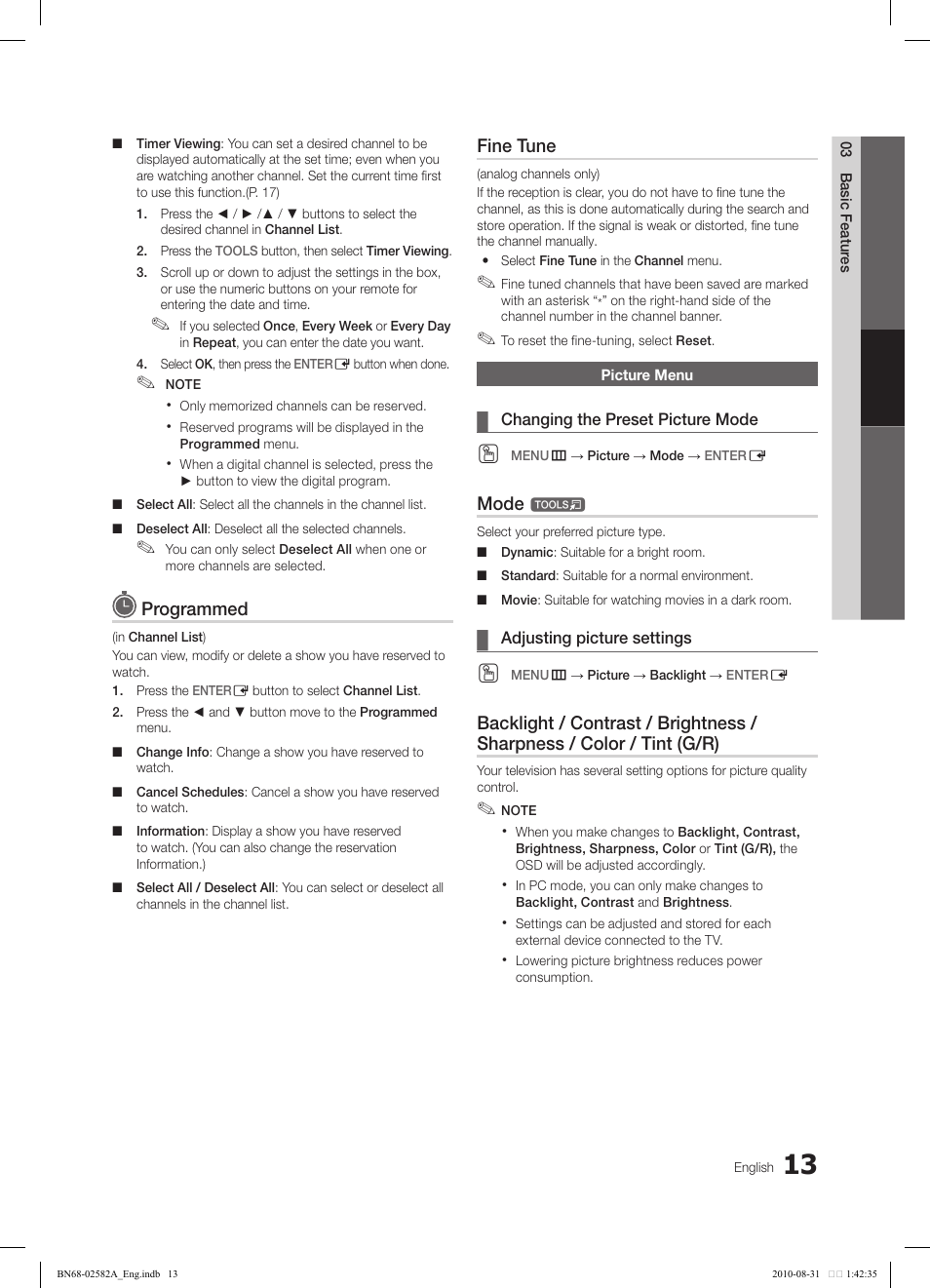 Programmed, Fine tune, Mode | Samsung 350 User Manual | Page 13 / 33