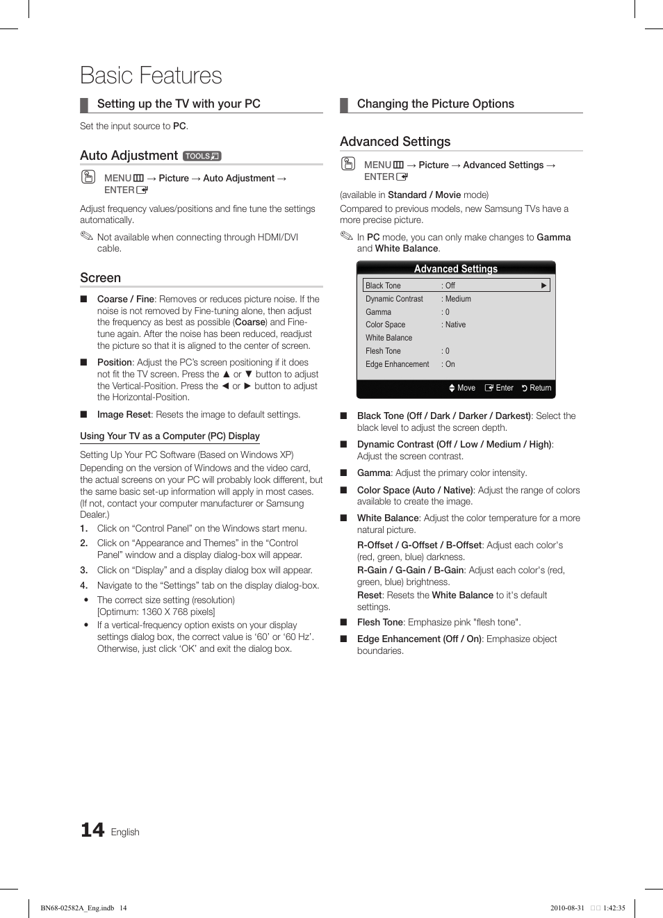 Basic features, Auto adjustment, Screen | Advanced settings | Samsung 350 User Manual | Page 14 / 33