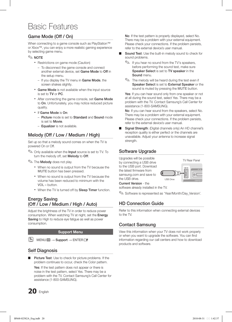 Basic features, Game mode (off / on), Melody (off / low / medium / high) | Energy saving (off / low / medium / high / auto), Self diagnosis, Software upgrade, Hd connection guide, Contact samsung | Samsung 350 User Manual | Page 20 / 33
