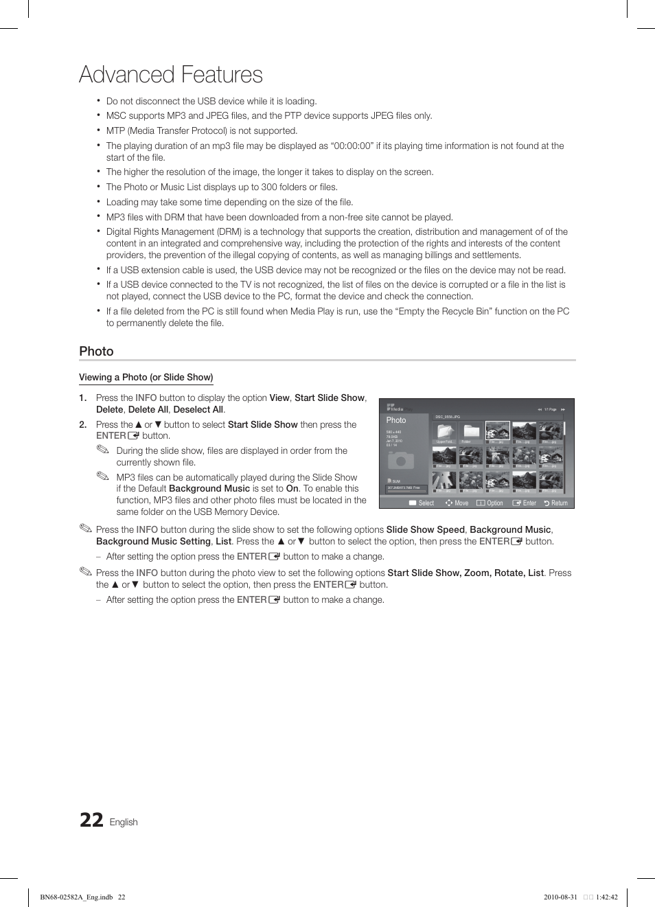 Advanced features, Photo, Music | Samsung 350 User Manual | Page 22 / 33