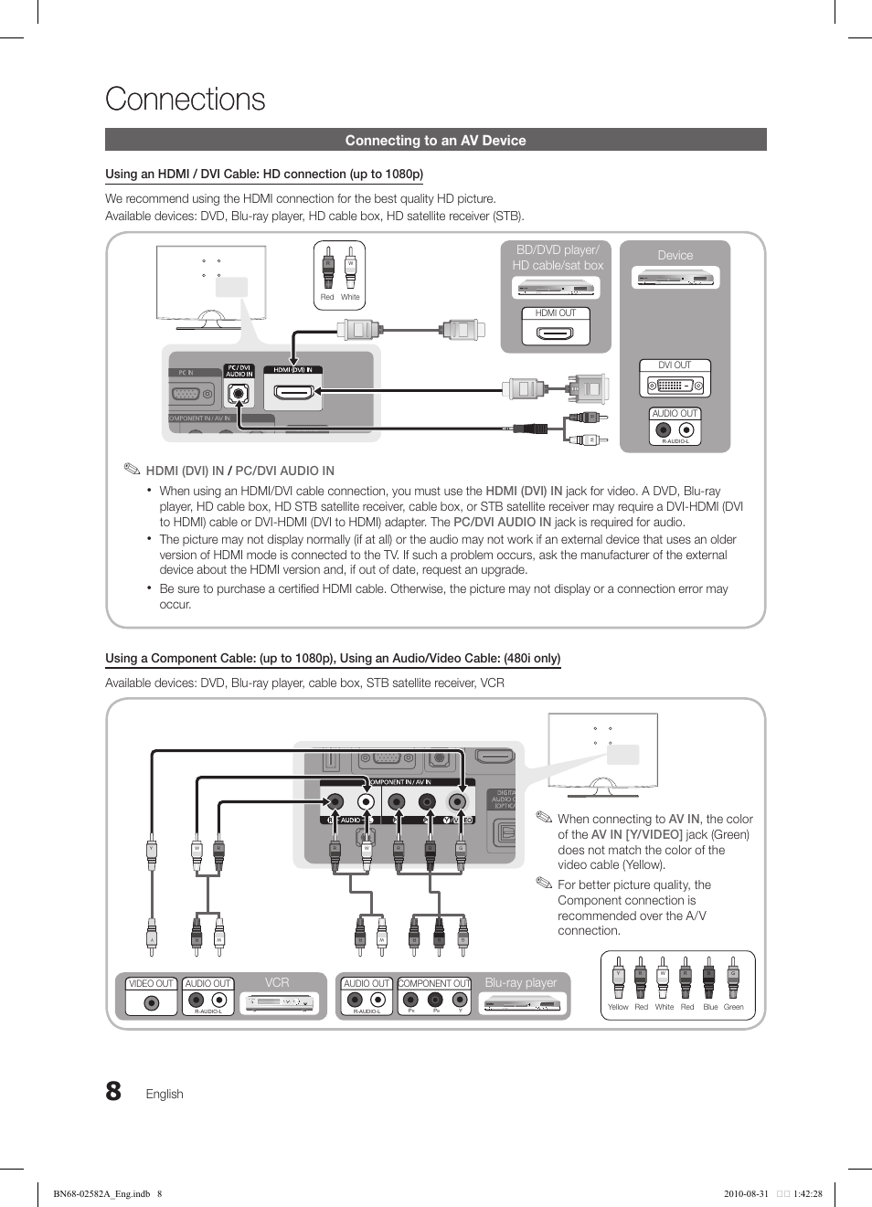 Connections, Connecting to an av device, English | Bd/dvd player/ hd cable/sat box, Blu-ray player, When connecting to | Samsung 350 User Manual | Page 8 / 33
