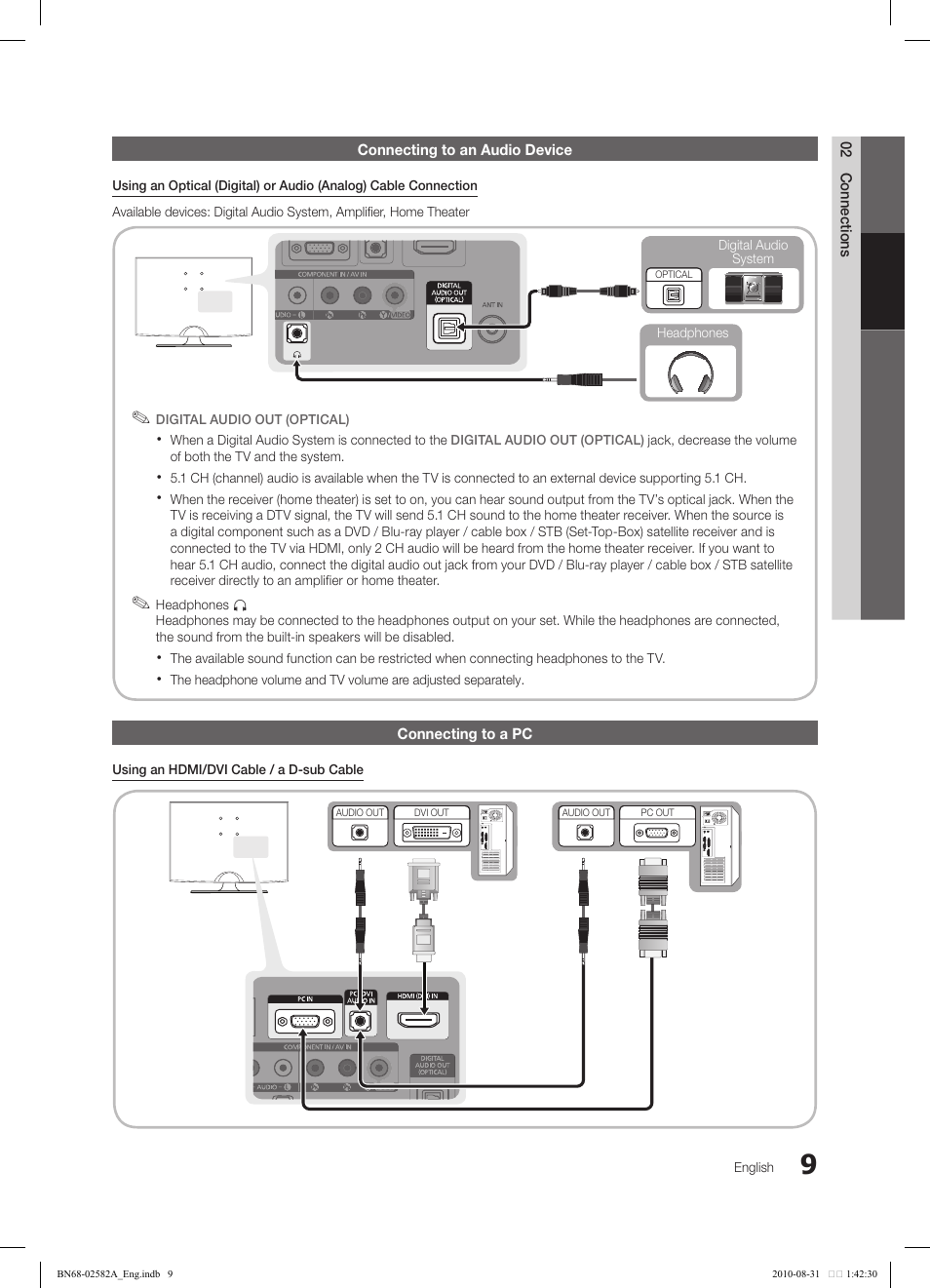 02 connections connecting to an audio device, Connecting to a pc | Samsung 350 User Manual | Page 9 / 33