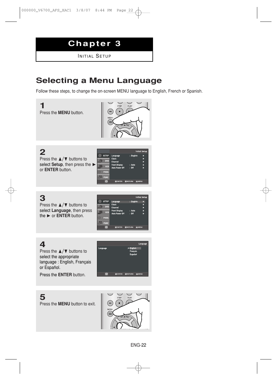 Chapter 3 initial setup, Selecting a menu language | Samsung V6700 User Manual | Page 22 / 90
