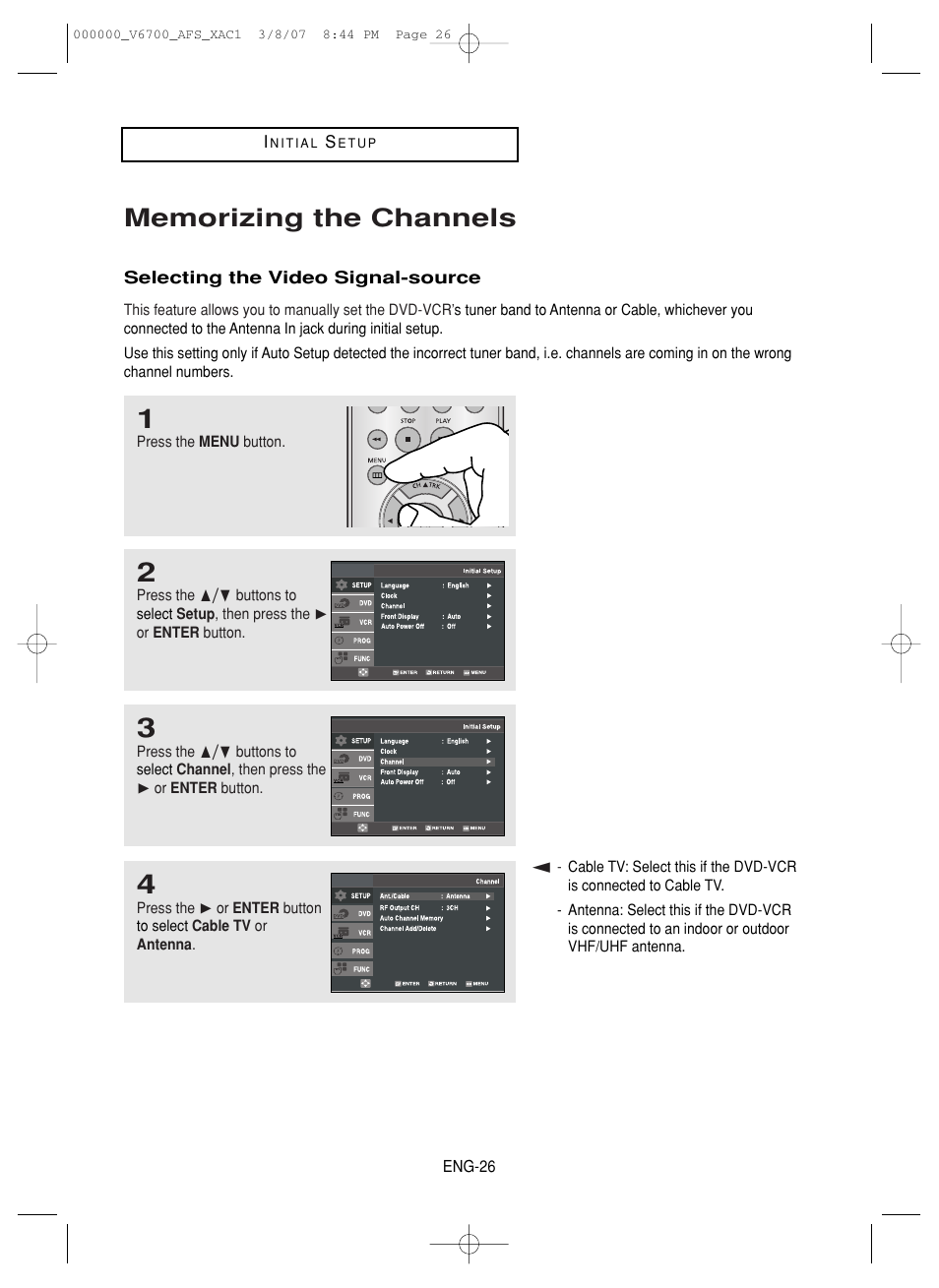 Memorizing the channels, Selecting the video signal-source | Samsung V6700 User Manual | Page 26 / 90