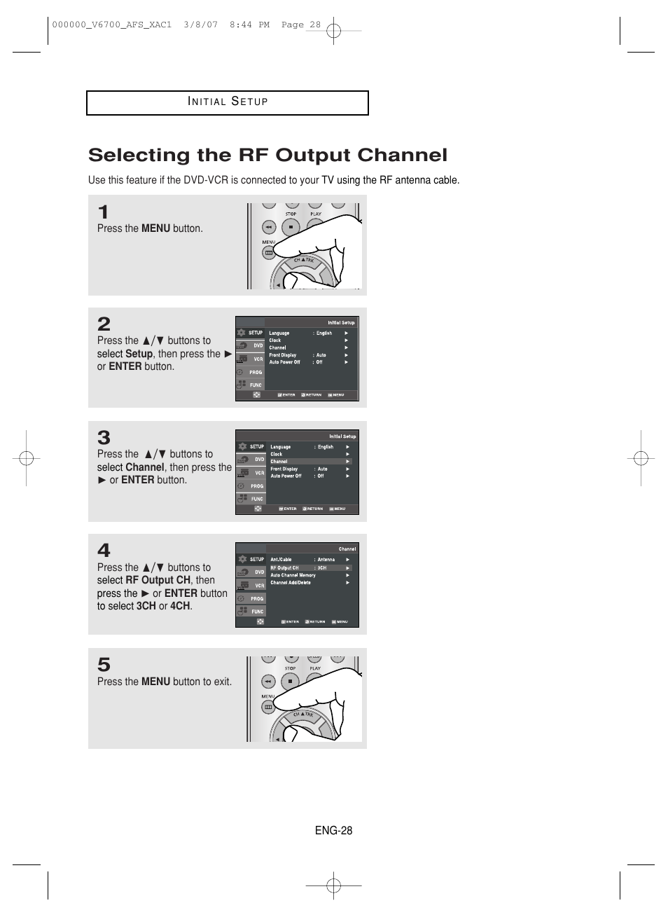 Selecting the rf output channel | Samsung V6700 User Manual | Page 28 / 90