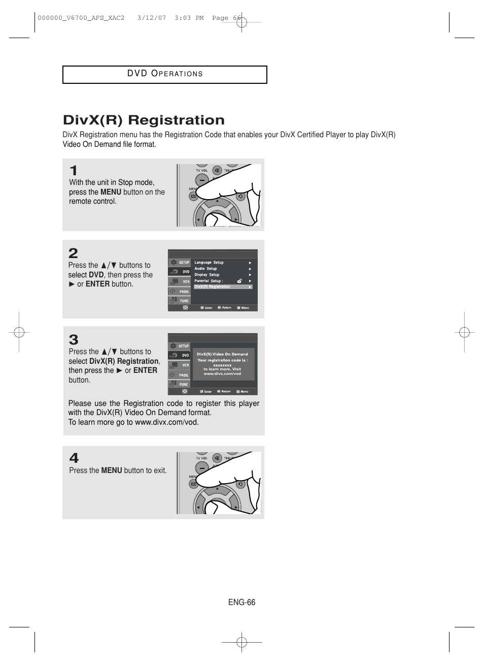 Divx(r) registration | Samsung V6700 User Manual | Page 66 / 90