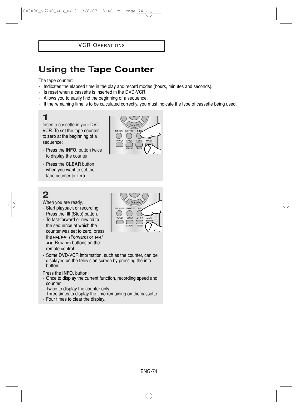 Using the tape counter, Using the t ape counter | Samsung V6700 User Manual | Page 74 / 90