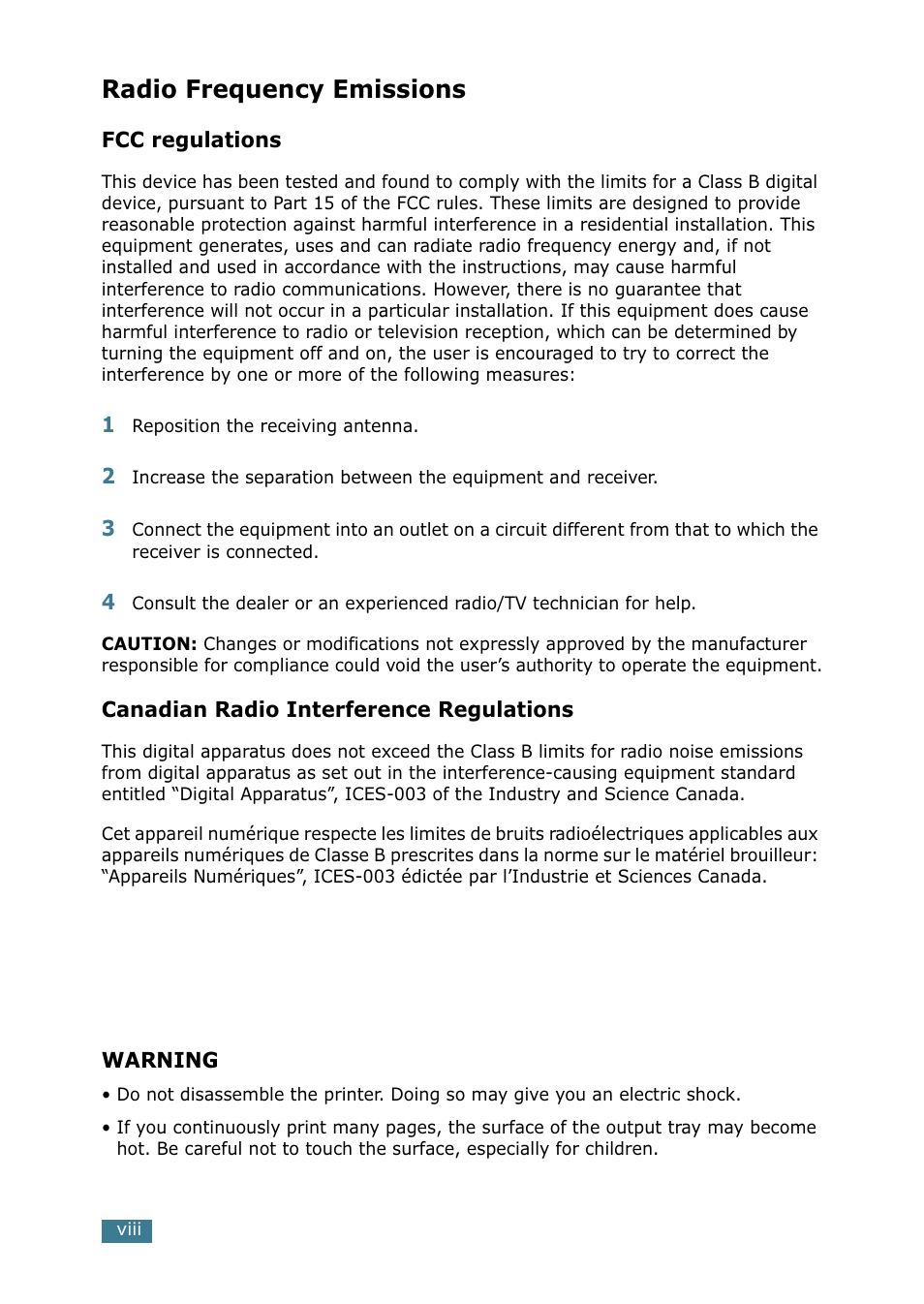 Radio frequency emissions | Samsung ML 1740 User Manual | Page 9 / 150