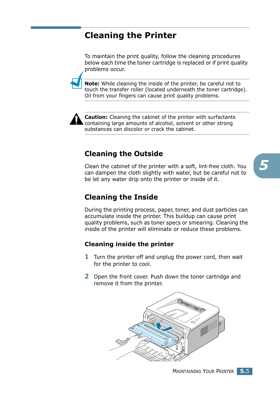 Cleaning the printer, Cleaning the outside, Cleaning the inside | Cleaning the outside cleaning the inside | Samsung ML 1740 User Manual | Page 90 / 150