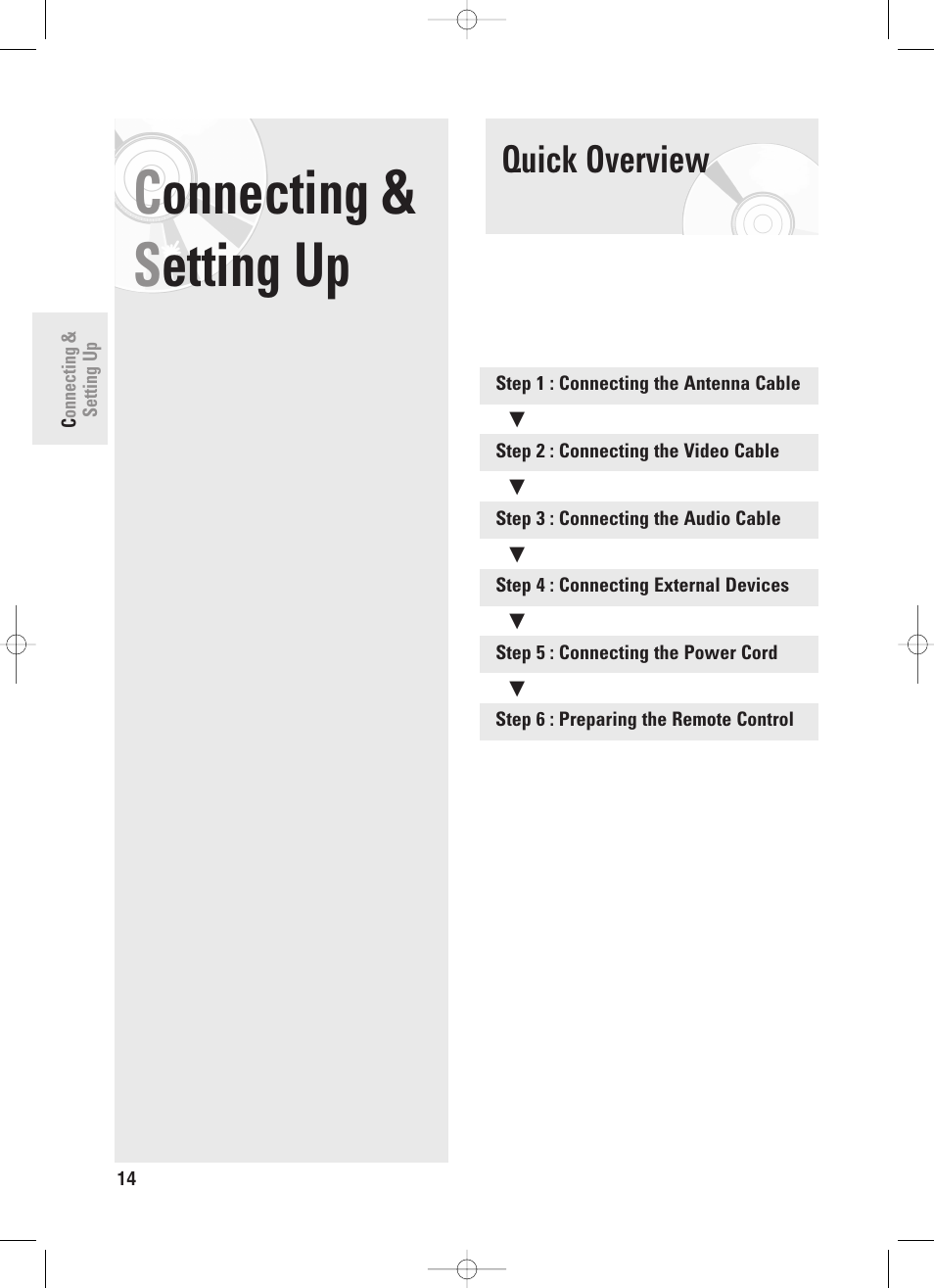 Connecting & setting up, Quick overview, Connecting & s etting up | Samsung DVD-R130S User Manual | Page 14 / 97