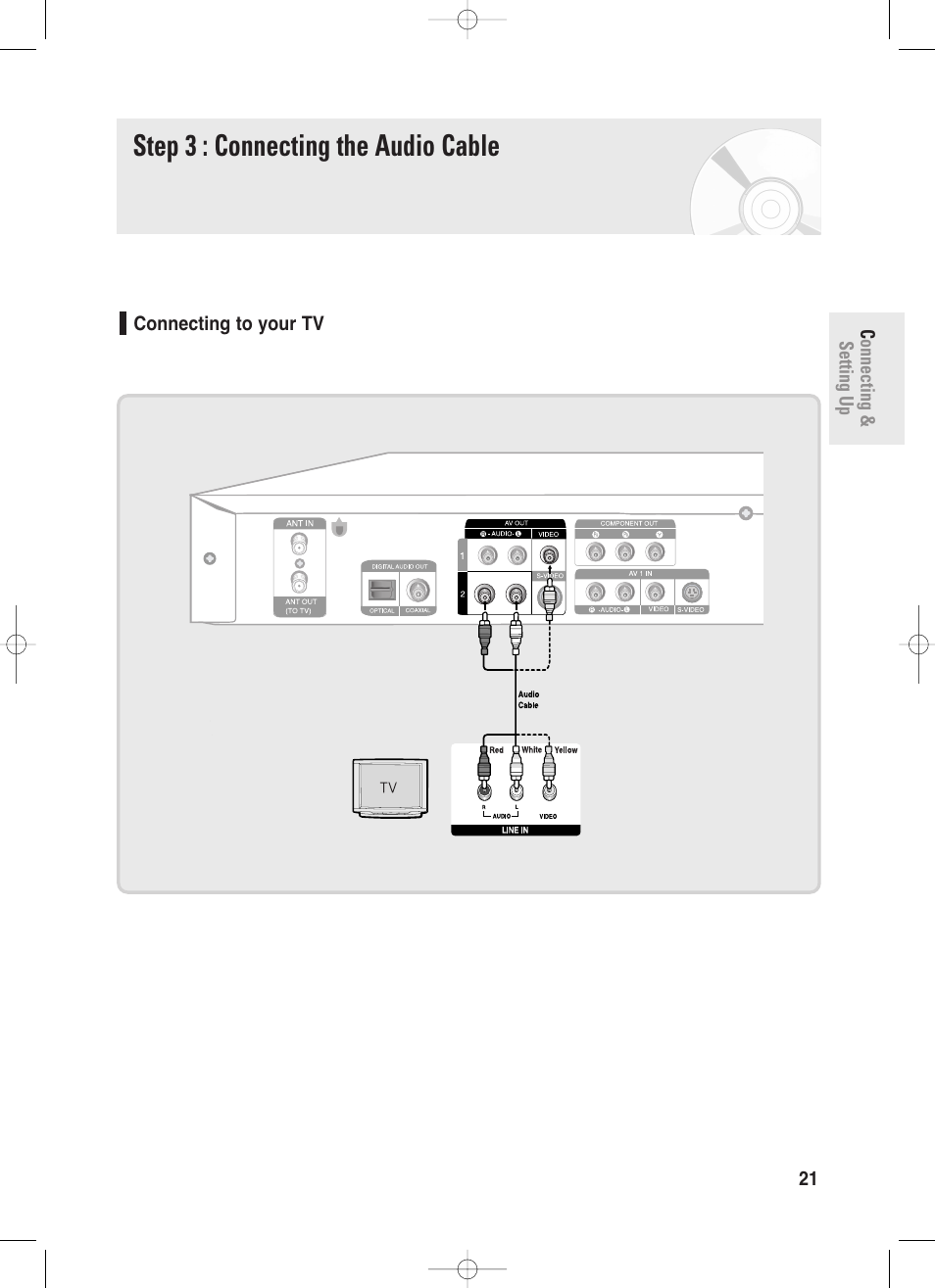 Step 3 : connecting the audio cable, Connecting to your tv | Samsung DVD-R130S User Manual | Page 21 / 97