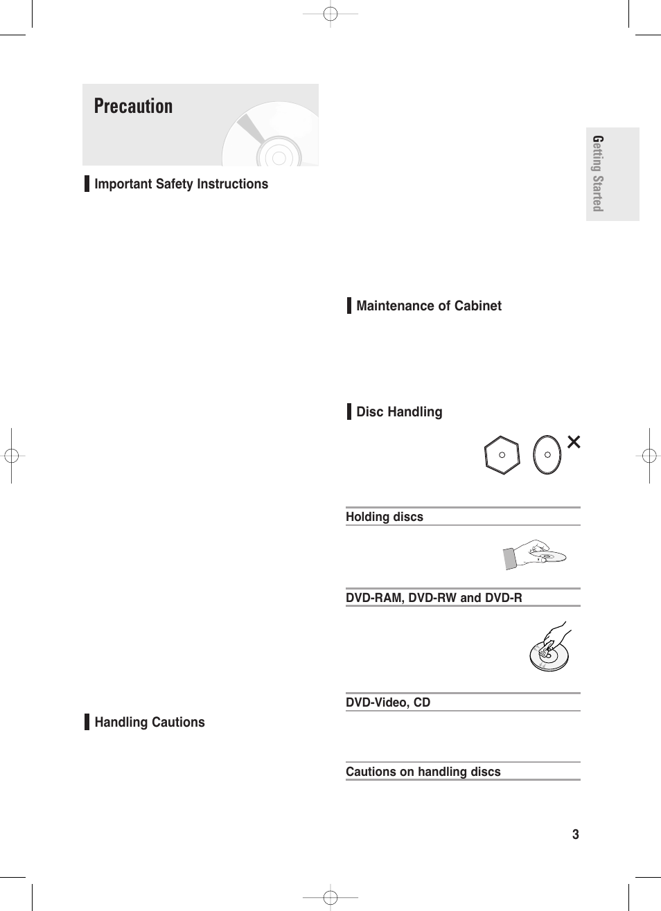 Precaution, Important safety instructions, Handling cautions | Maintenance of cabinet, Disc handling | Samsung DVD-R130S User Manual | Page 3 / 97
