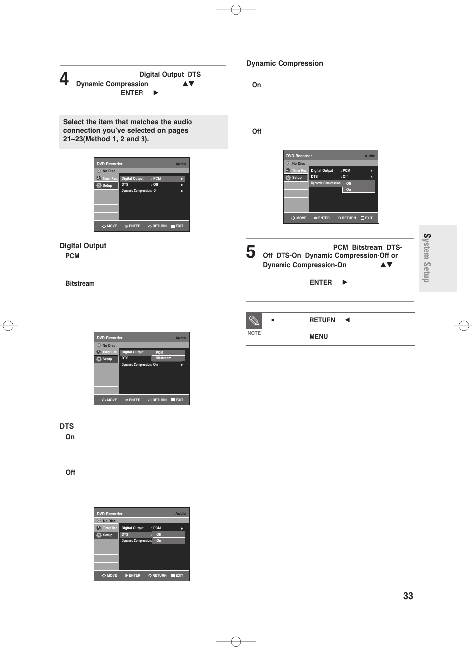 English - 33, System setup, Digital output | Dynamic compression | Samsung DVD-R130S User Manual | Page 33 / 97
