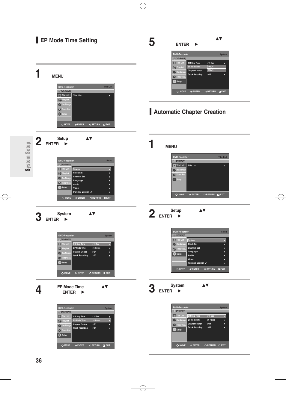 Ep mode time setting, Automatic chapter creation, 36 - english s ystem setup ep mode time setting | System menu will be displayed, Ep mode time will be displayed | Samsung DVD-R130S User Manual | Page 36 / 97