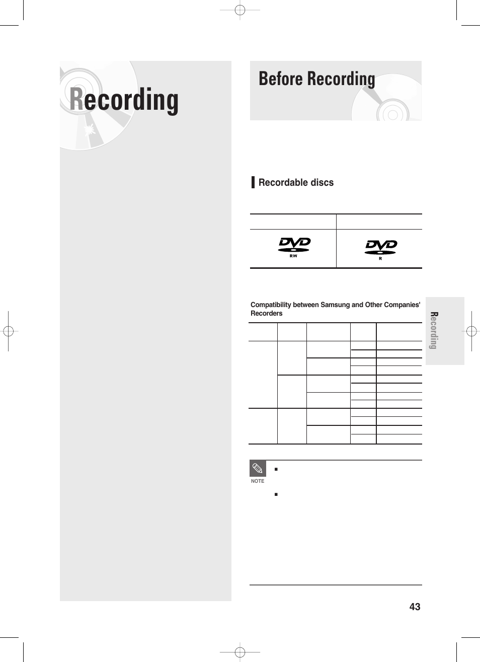 Recording, Before recording, Recordable discs | English - 43 r ecording | Samsung DVD-R130S User Manual | Page 43 / 97
