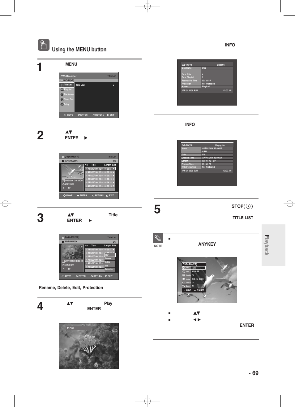 English - 69 p layback, Using the menu button, Buttons to select title | Press the menu button, Press the, Button twice, Button | Samsung DVD-R130S User Manual | Page 69 / 97