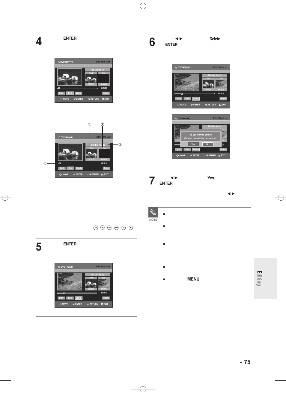 English - 75 e diting, Press the enter button at the starting point, Edit title list screen elements | Press the enter button at the end point | Samsung DVD-R130S User Manual | Page 75 / 97
