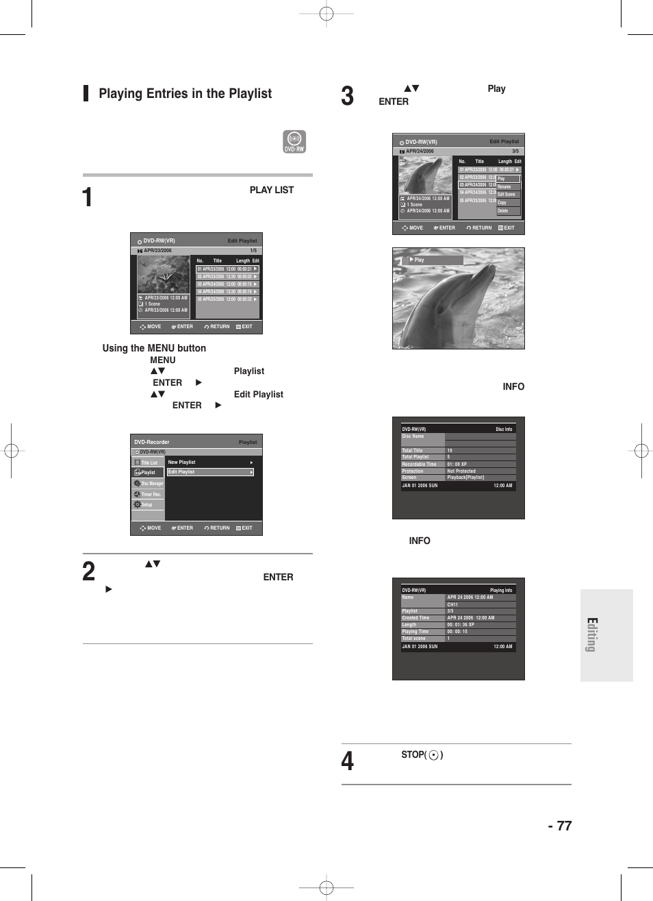 Playing entries in the playlist, Using the menu button, Vr mode) | Samsung DVD-R130S User Manual | Page 77 / 97