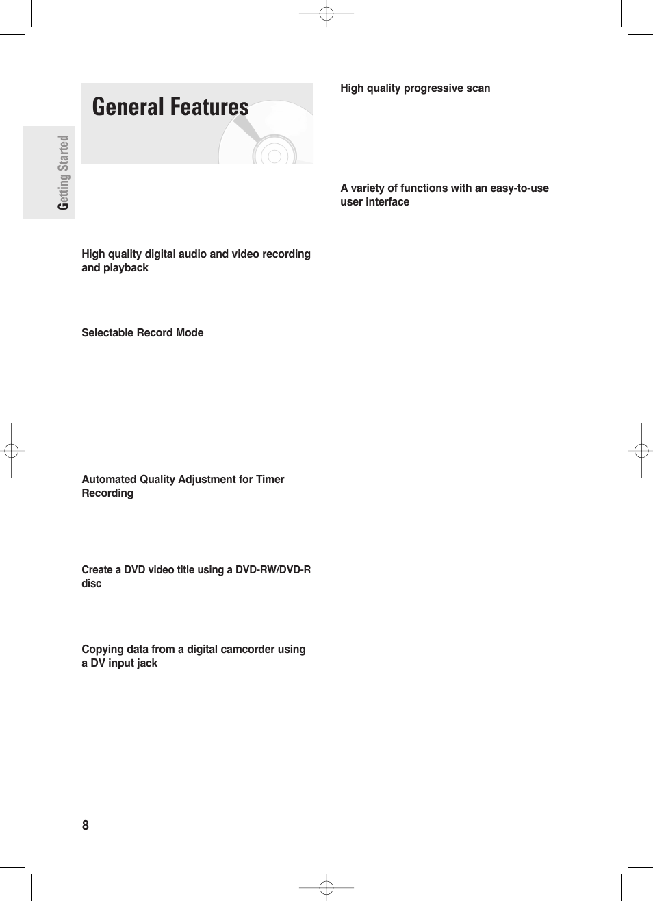 General features | Samsung DVD-R130S User Manual | Page 8 / 97