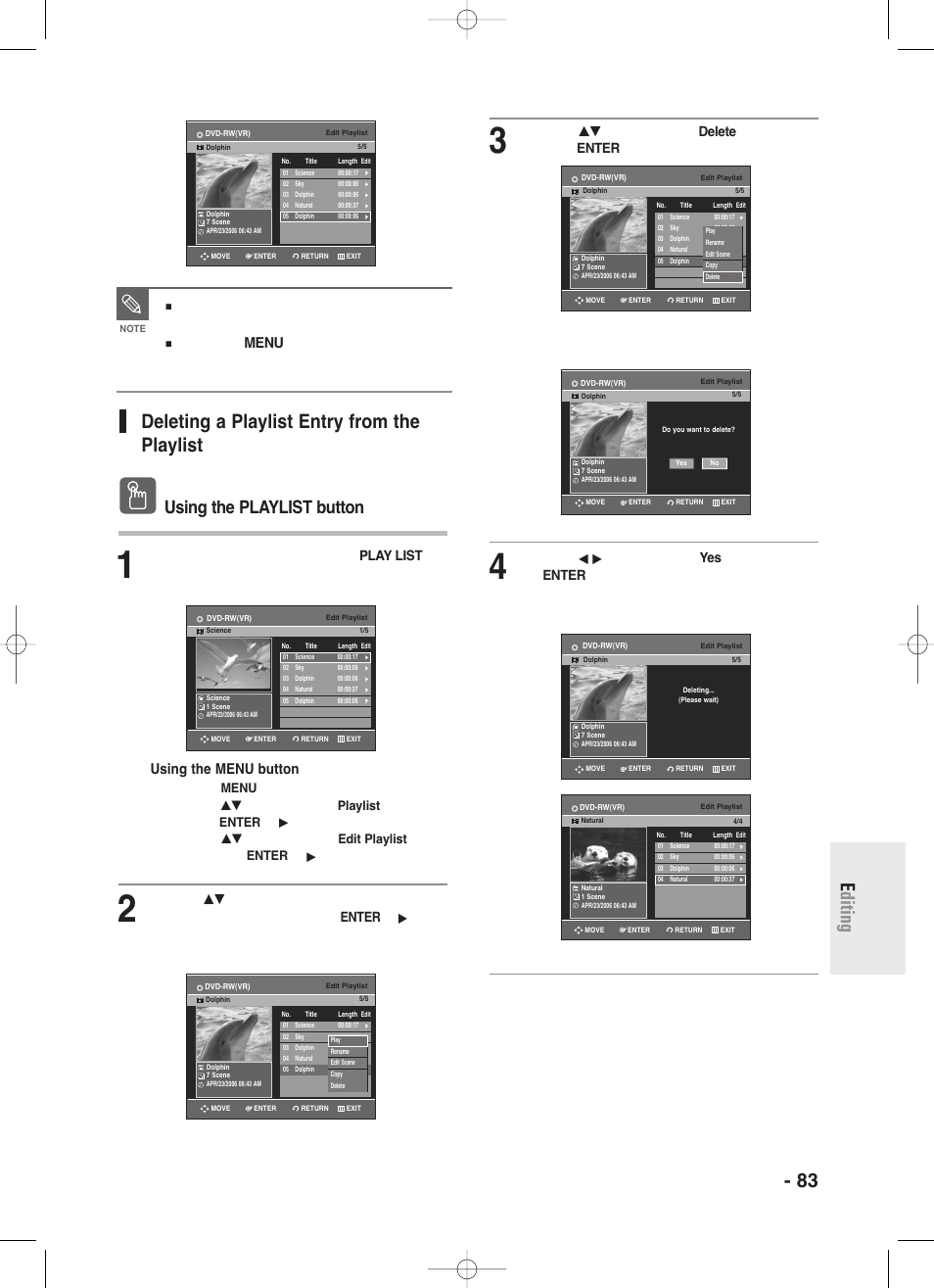Deleting a playlist entry from the playlist, English - 83 e diting, Using the playlist button | Using the menu button, The edit playlist screen is displayed | Samsung DVD-R130S User Manual | Page 83 / 97