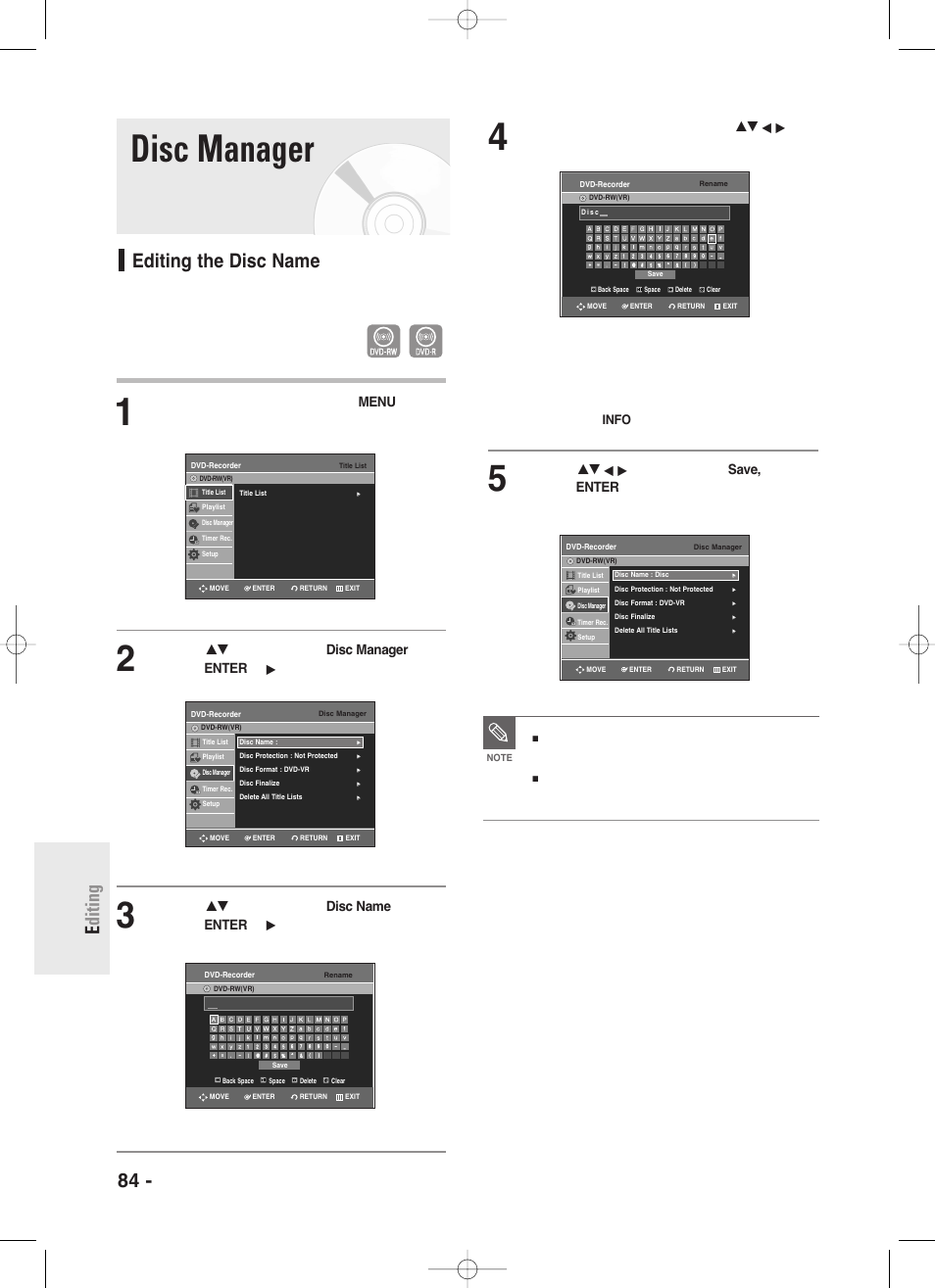 Disc manager, Editing the disc name, 84 - english e diting | Follow these instructions to give a name to a disc | Samsung DVD-R130S User Manual | Page 84 / 97