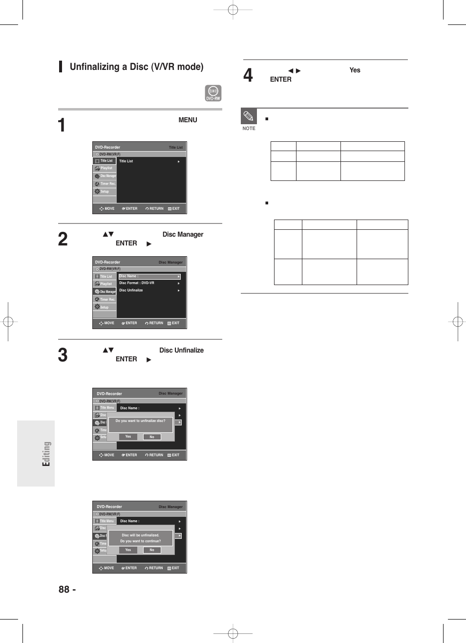 Unfinalizing a disc (v/vr mode) | Samsung DVD-R130S User Manual | Page 88 / 97