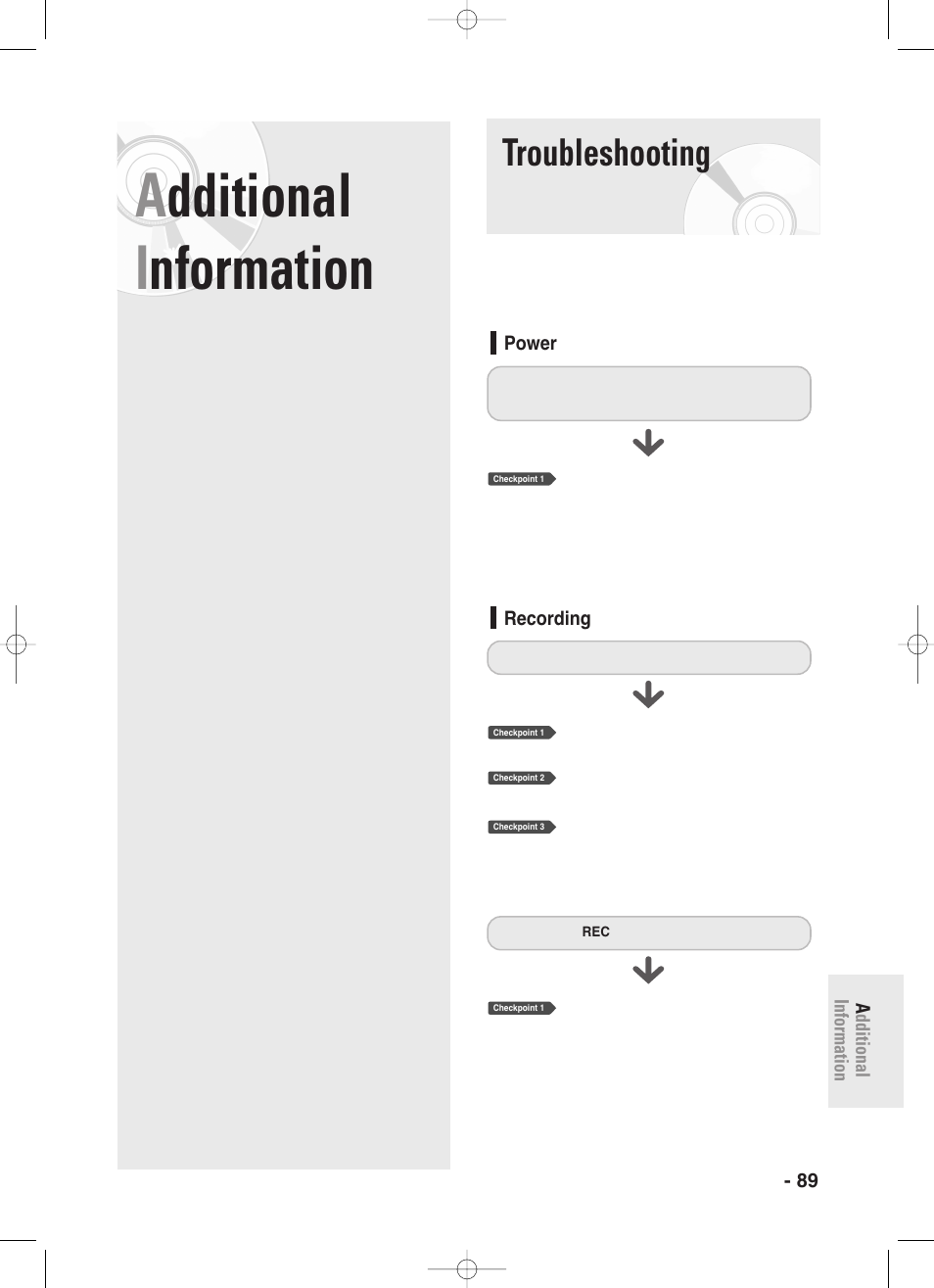 Additional information, Troubleshooting, Additional i nformation | Samsung DVD-R130S User Manual | Page 89 / 97
