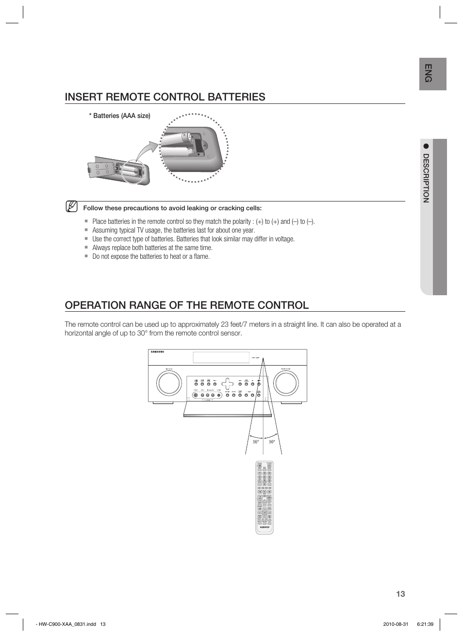 Insert remote control batteries, Operation range of the remote control, Description | Samsung HW-C900-XAA User Manual | Page 13 / 70